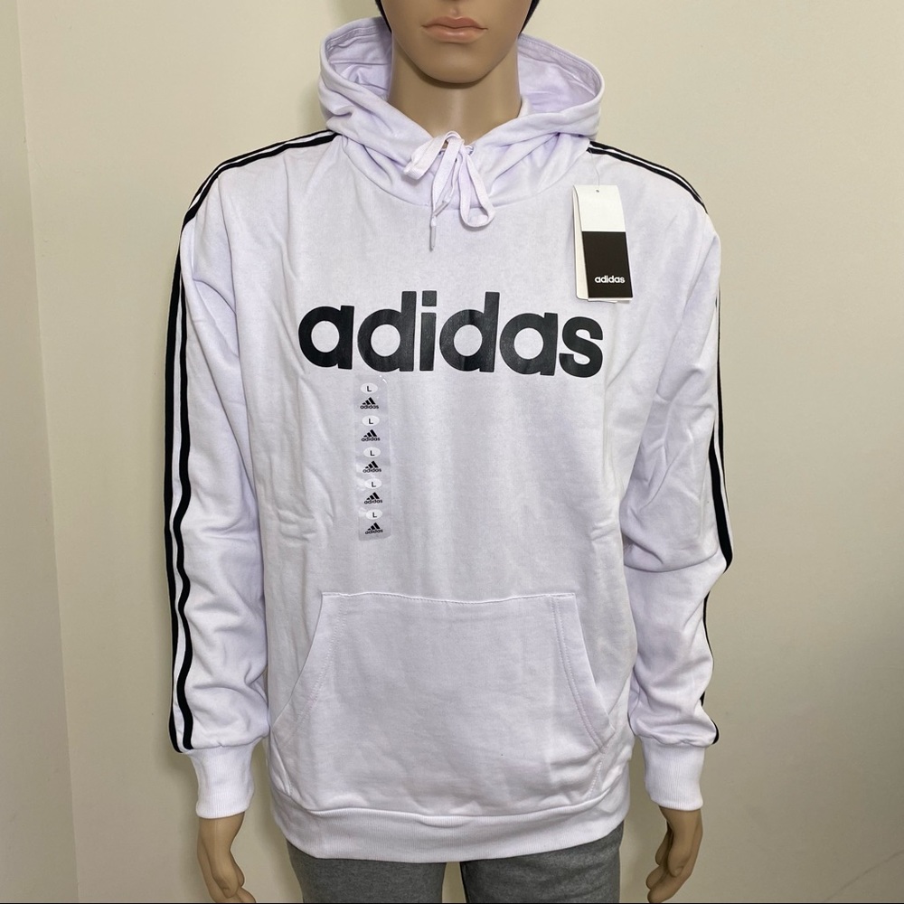 Adidas Men's Essential 3-Stripe Logo Hoodie White Black Stripes Sz L
